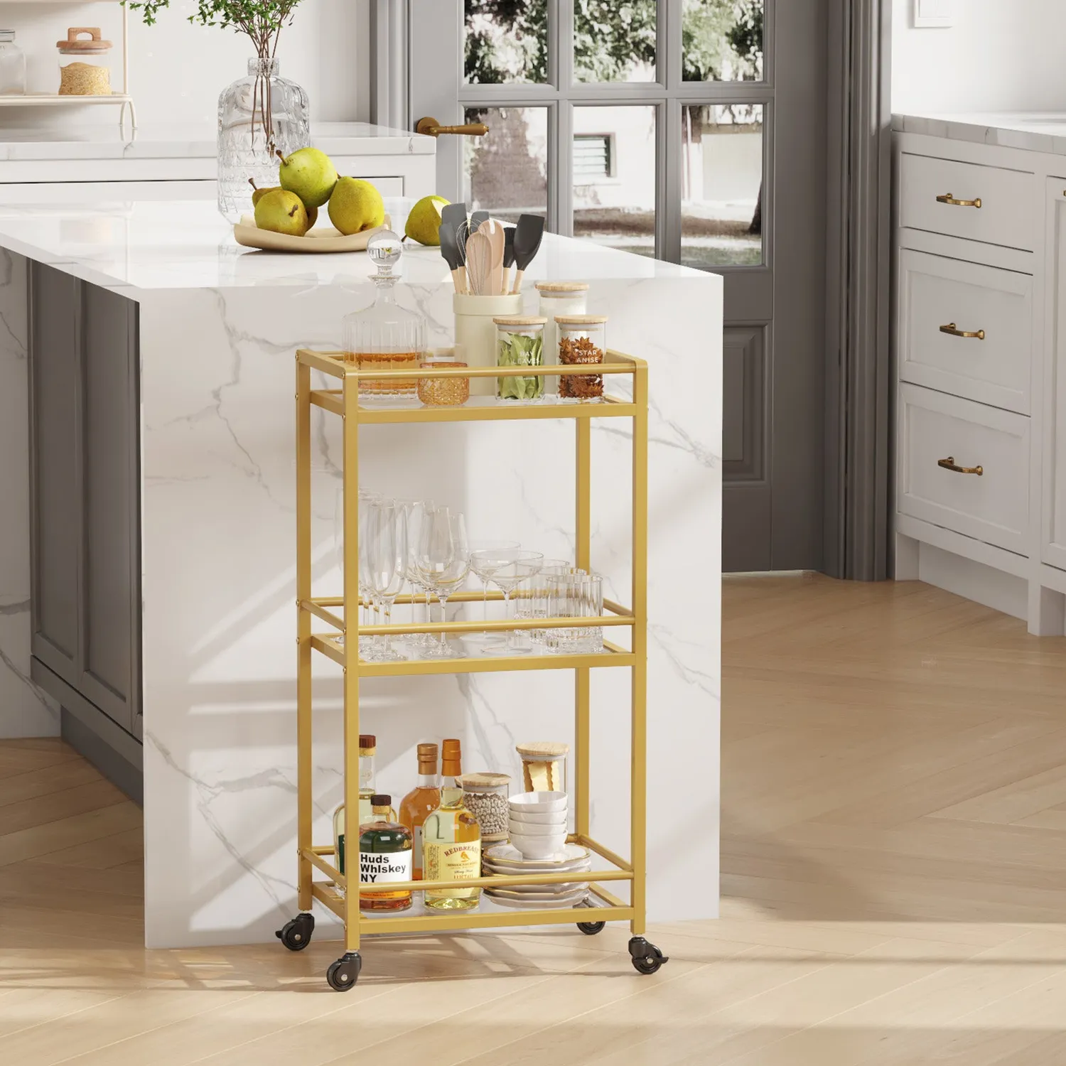 Lifewit Servierwagen Gold Glas 3-stöckig mit Rollen