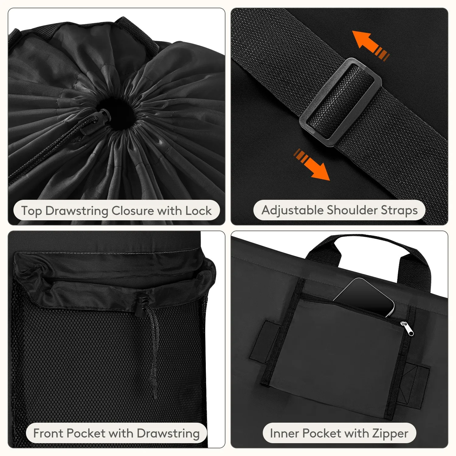 Lifewit Wäschesack 90L Schwarz Rucksack waschbar