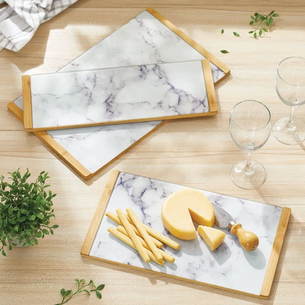 mDesign Serviertablett Bambus Glas 2er-Set Marmormuster weiß