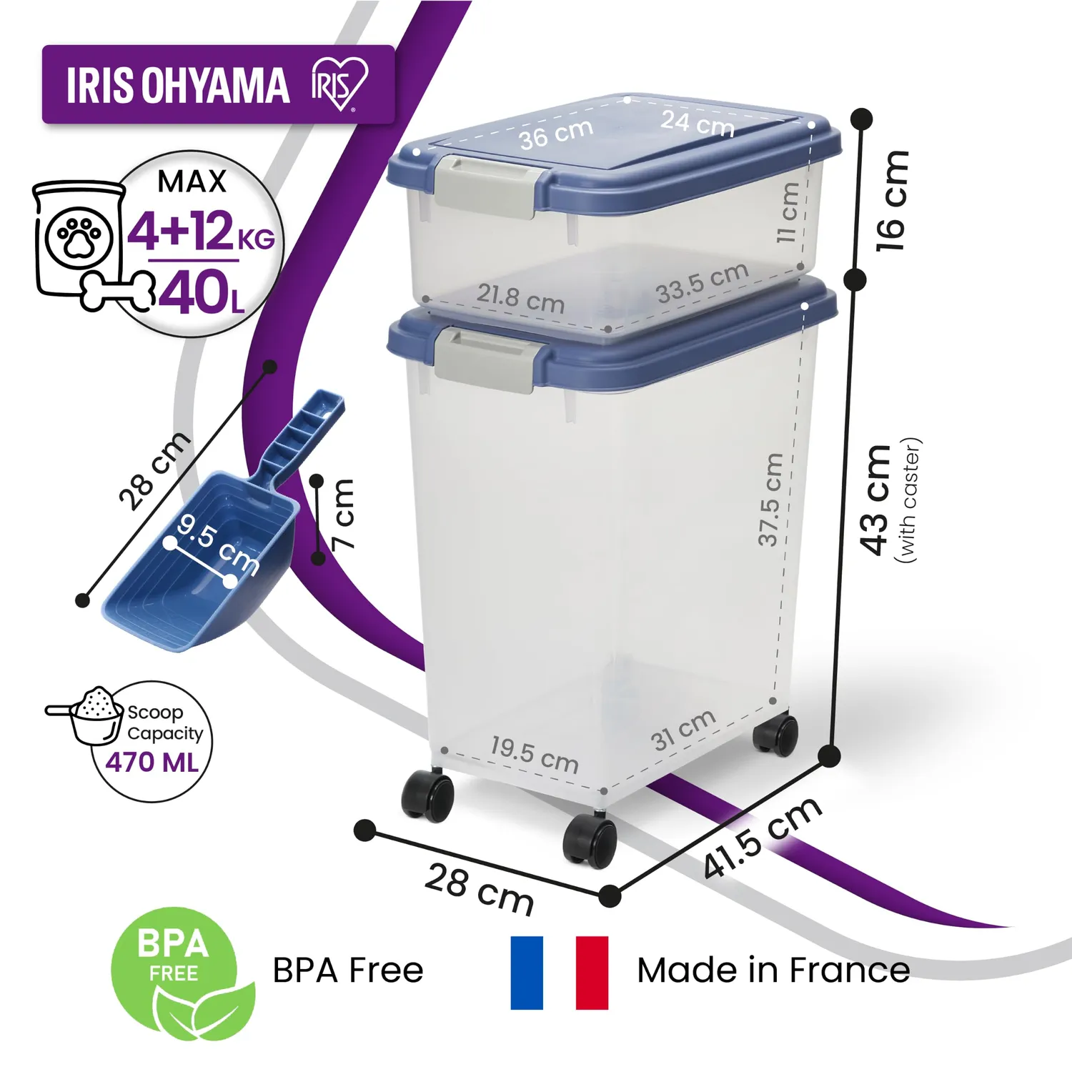 Iris Ohyama Futterbox 30L+10L blau luftdicht mit Rollen