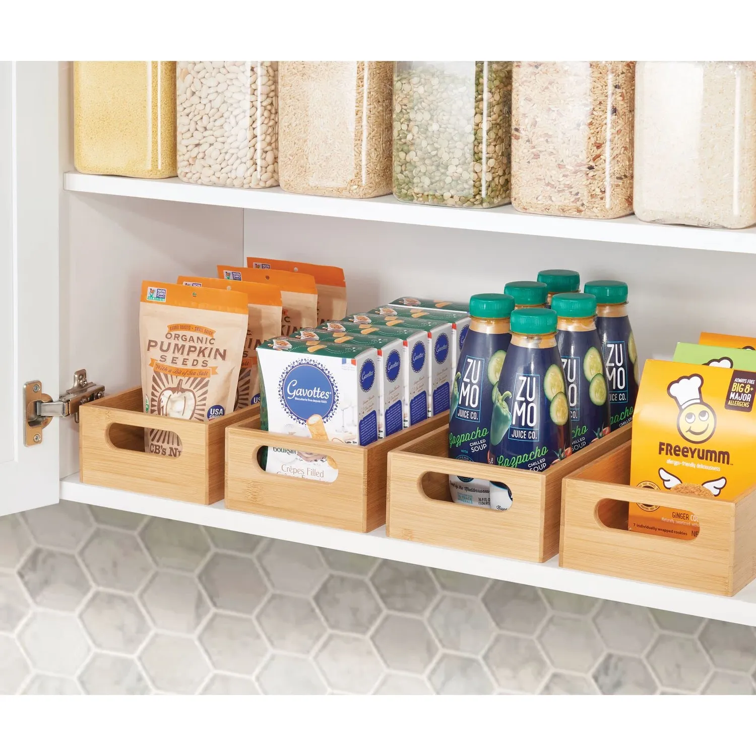 mDesign Bambus Aufbewahrungsbox mit Griff bambusfarben offen