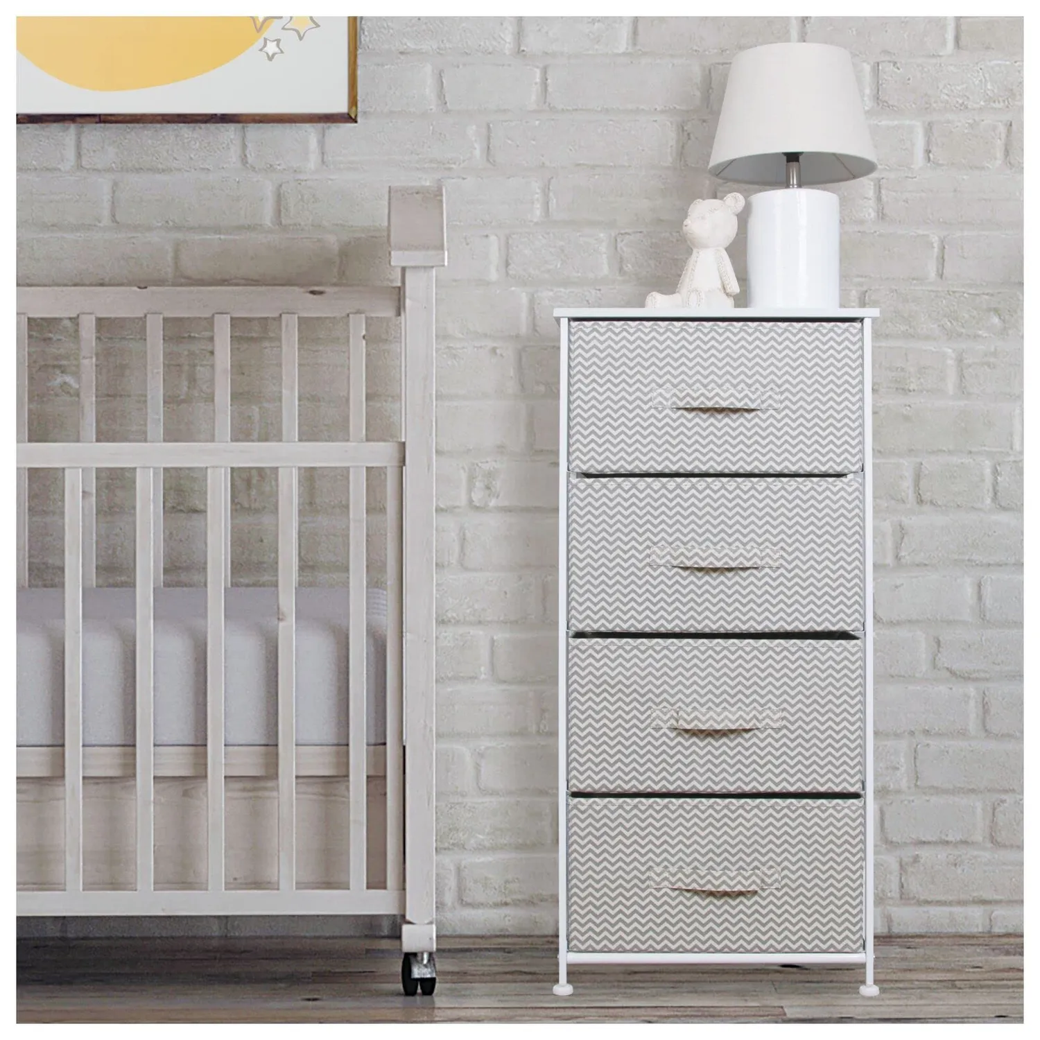 mDesign Kommode mit 4 Schubladen Stoffschrank Taupe-Weiß Zickzack