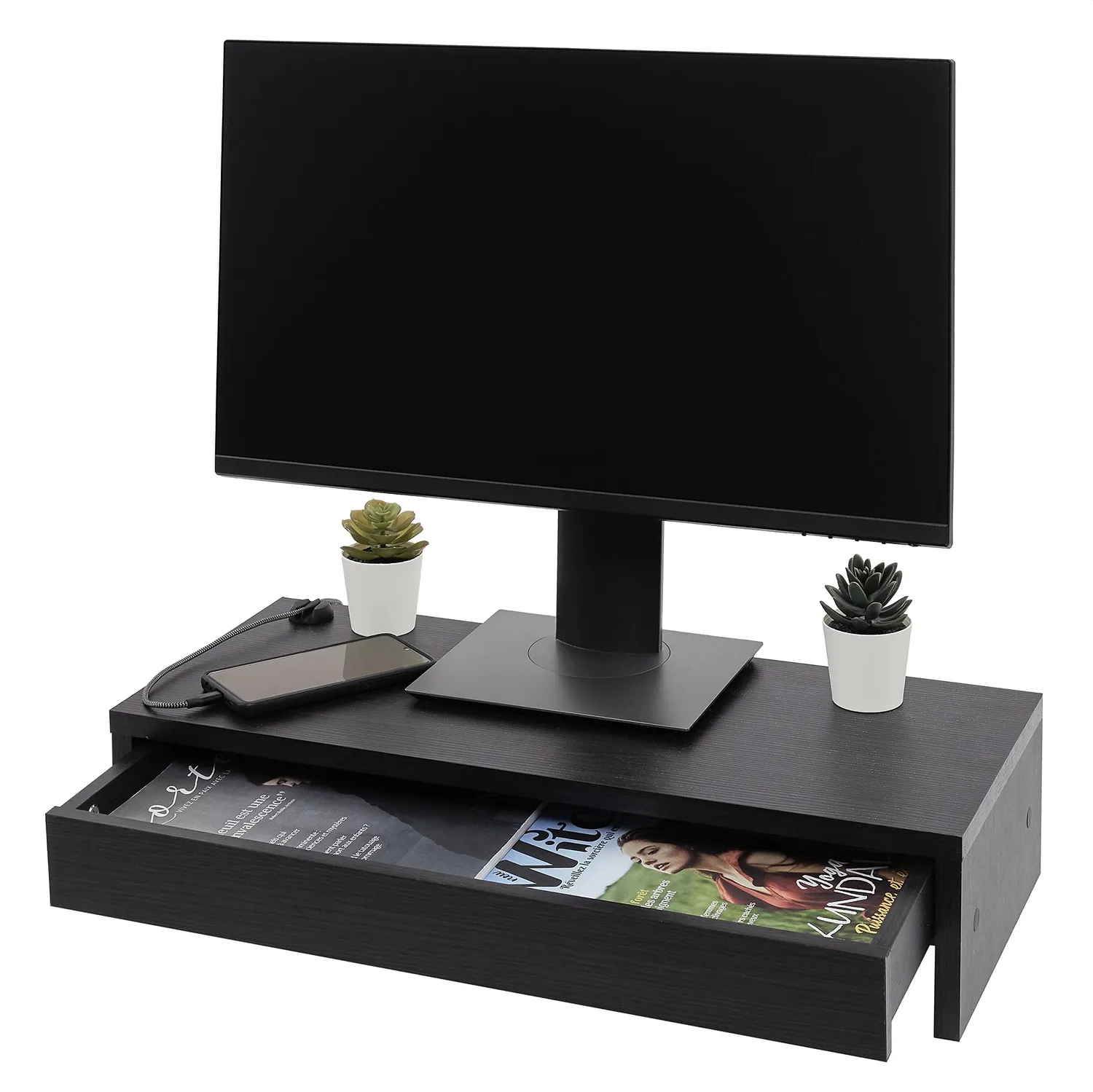 Iris Ohyama MS-590D Monitorständer Eiche schwarz mit Schublade
