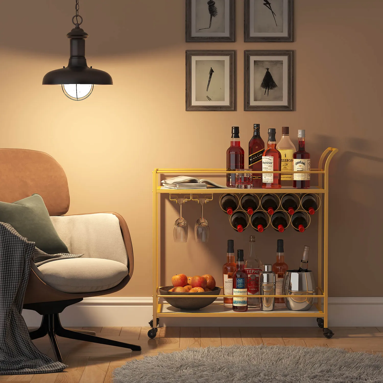 Lifewit Barwagen Gold Marmor Servierwagen 2 Etagen Wein