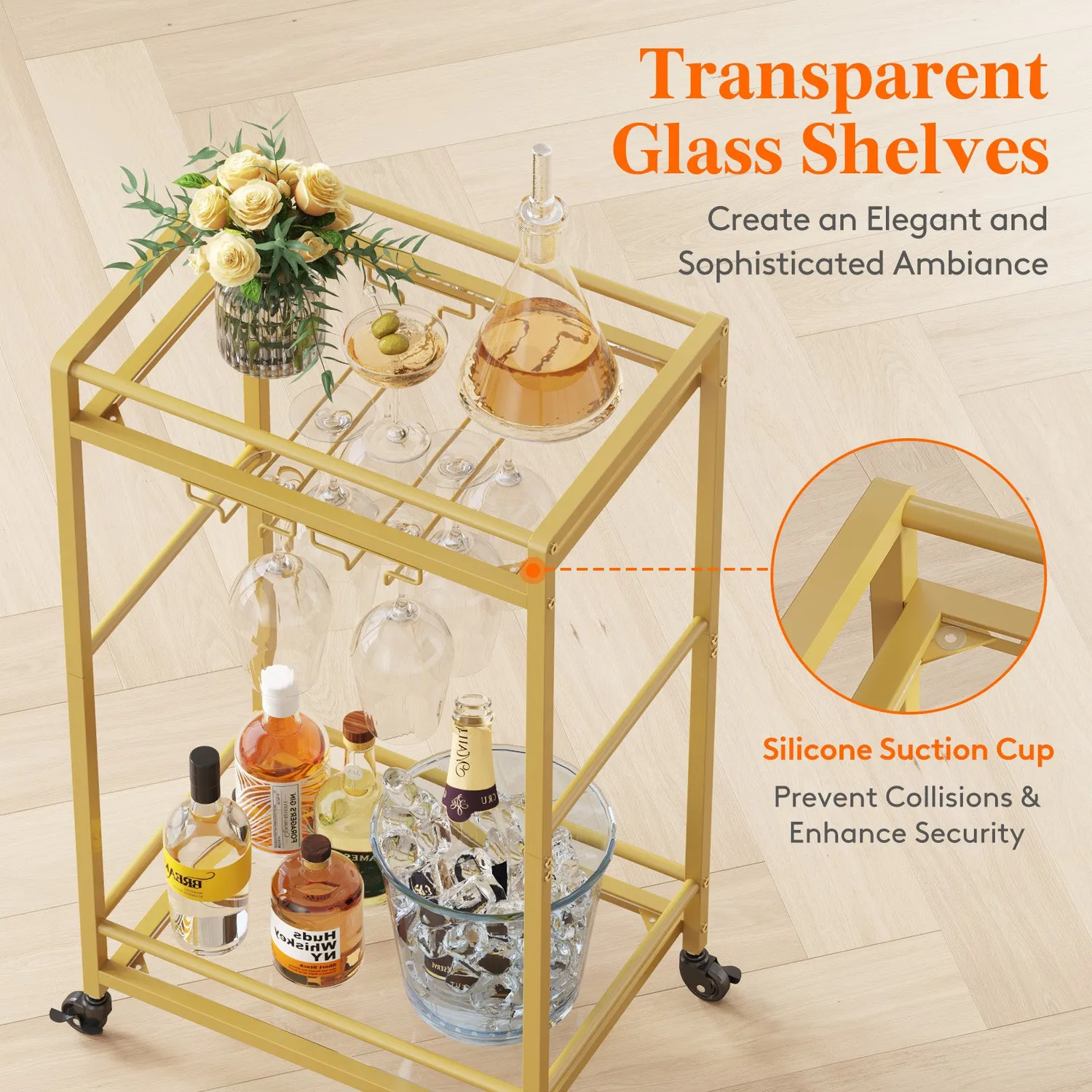 Lifewit Servierwagen Gold 2 Etagen Glas 43x30cm