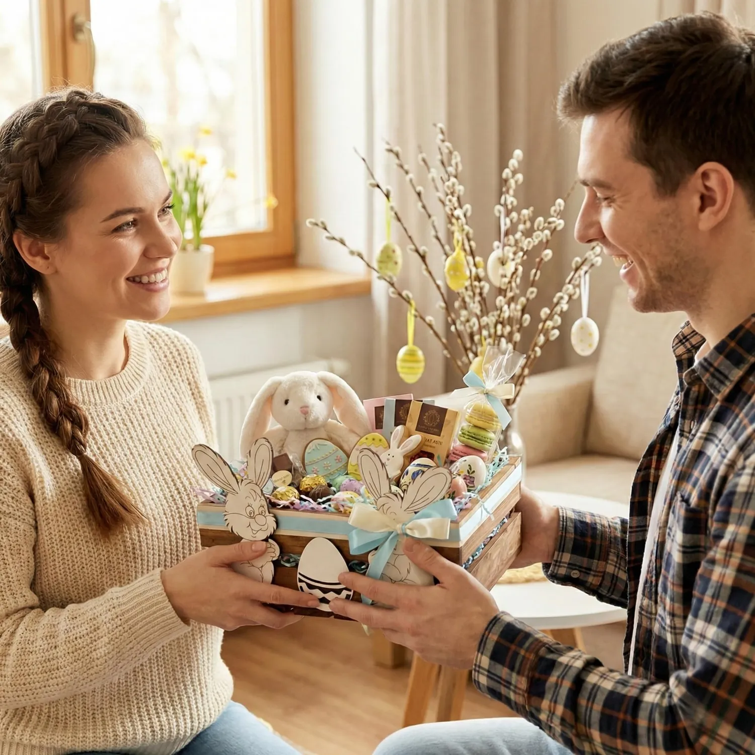 GoodFreshDecor Holzkiste Ostern 30x20x12 cm Braun Hase Ei