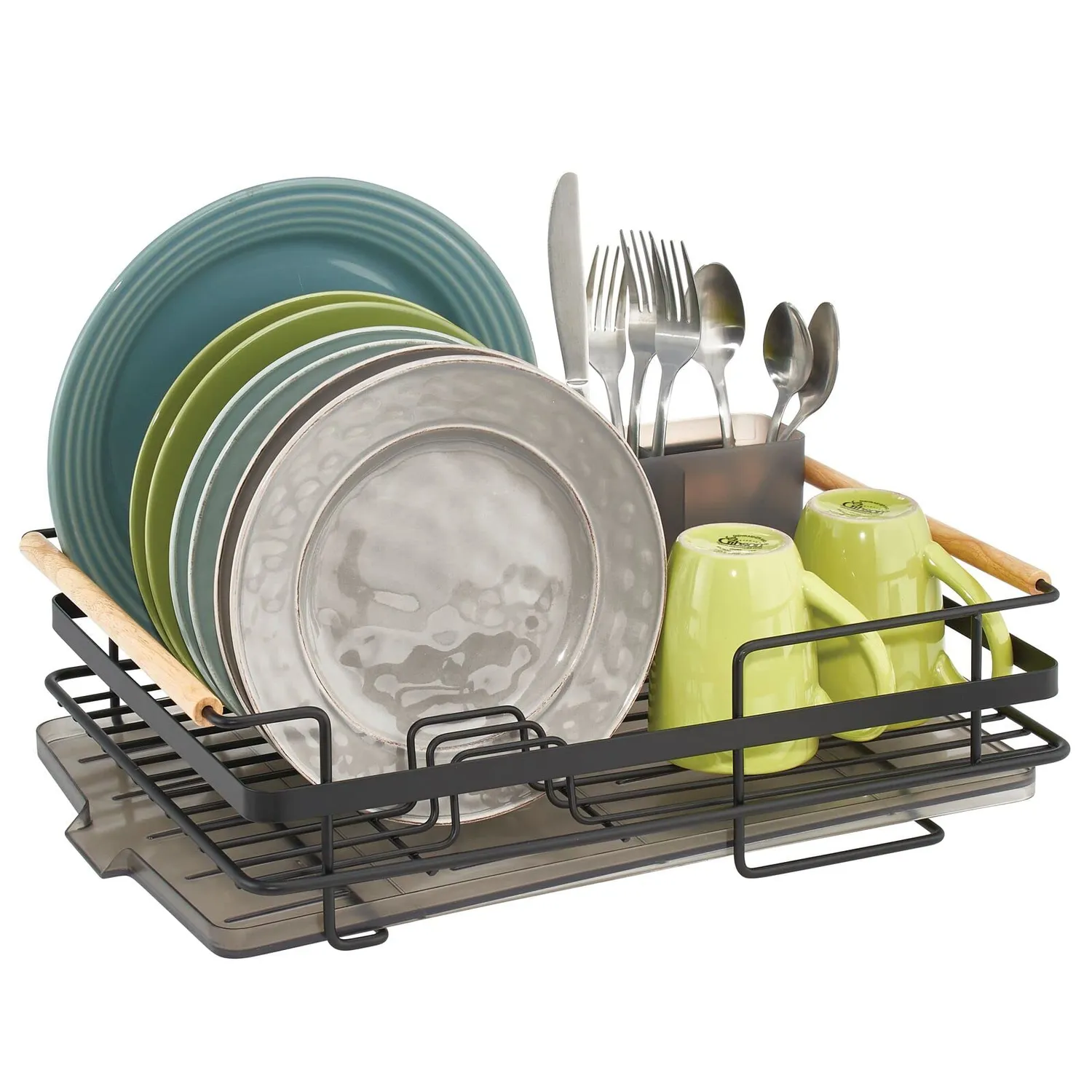 mDesign Geschirrabtropfer Metall mattschwarz mit Holzgriffen