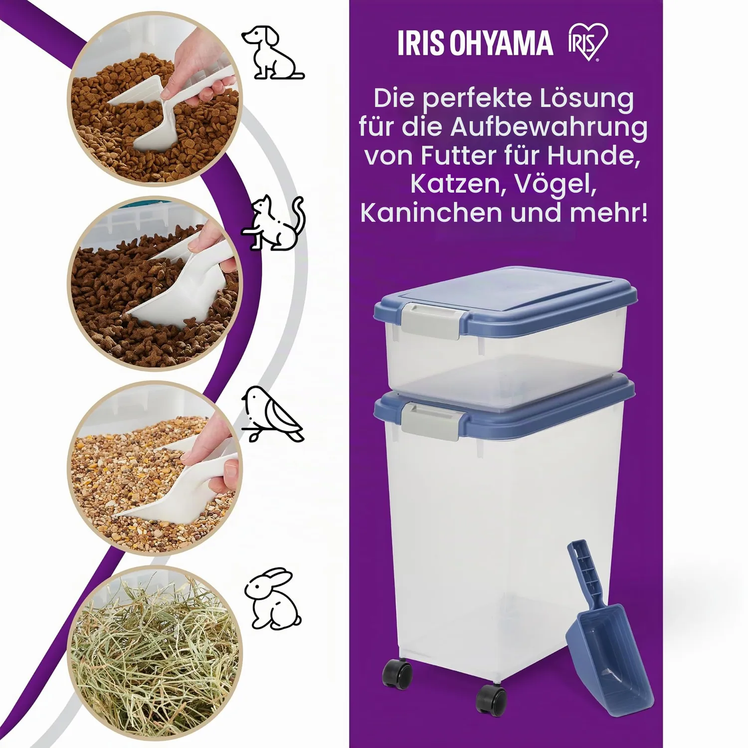 Iris Ohyama Futterbox 30L+10L blau luftdicht mit Rollen