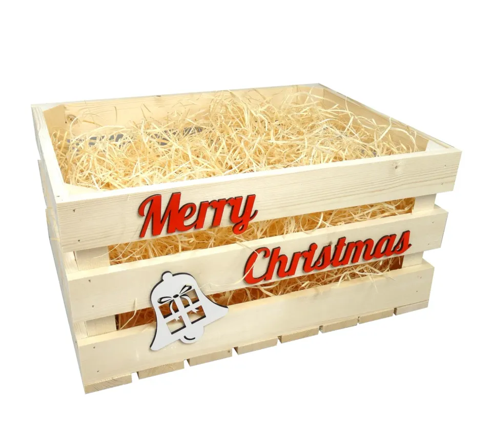 GoodFreshDecor Holzkiste 40x30x20 Merry Christmas Holzwolle