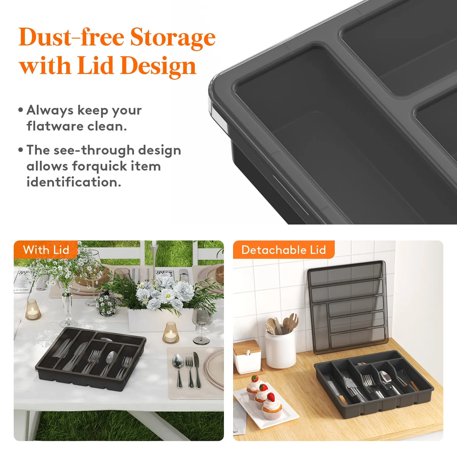 Lifewit Besteckkasten mit Deckel Schwarz 6 Fächer
