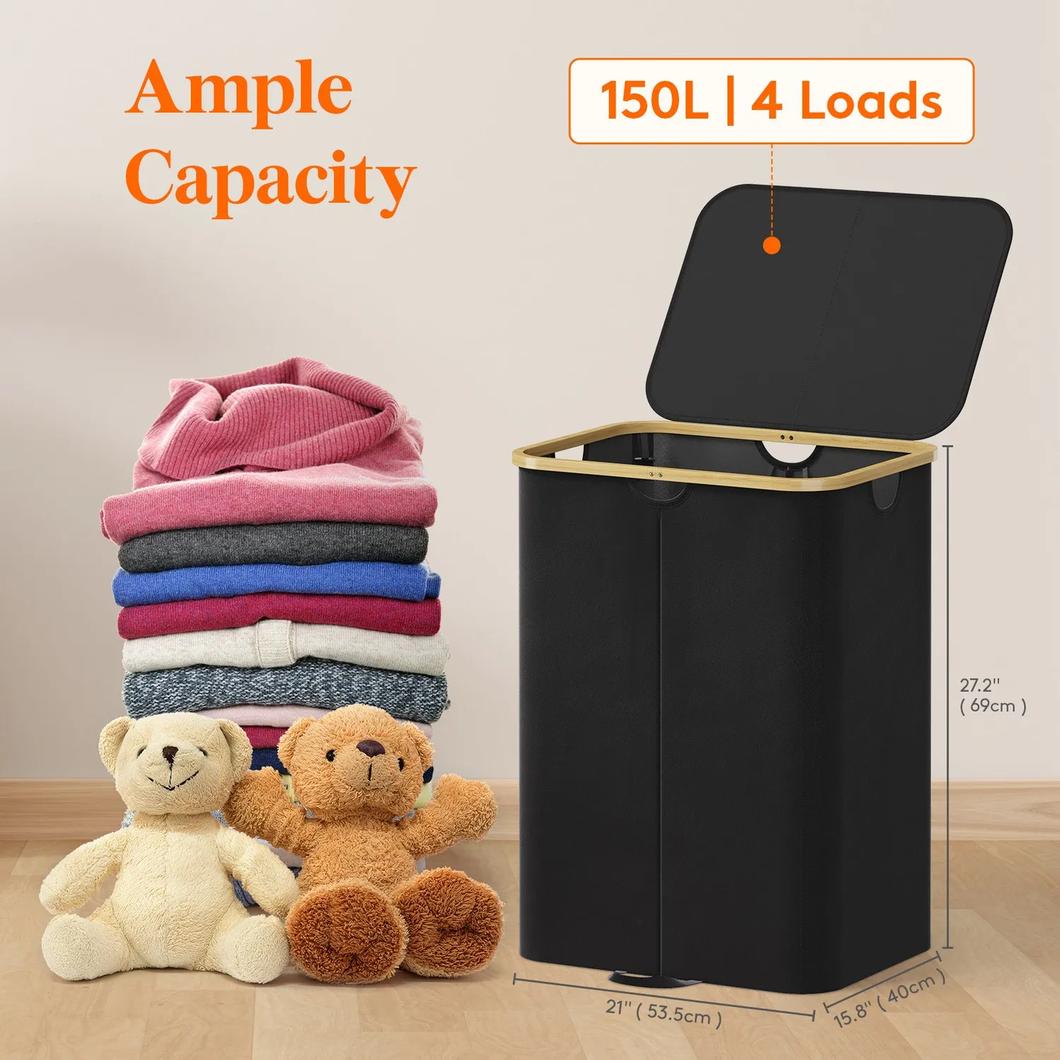 Lifewit Wäschekorb 120L Schwarz mit Deckel