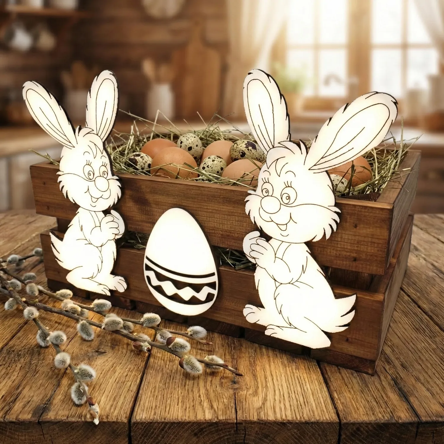 GoodFreshDecor Holzkiste Ostern 30x20x12 cm Braun Hase Ei