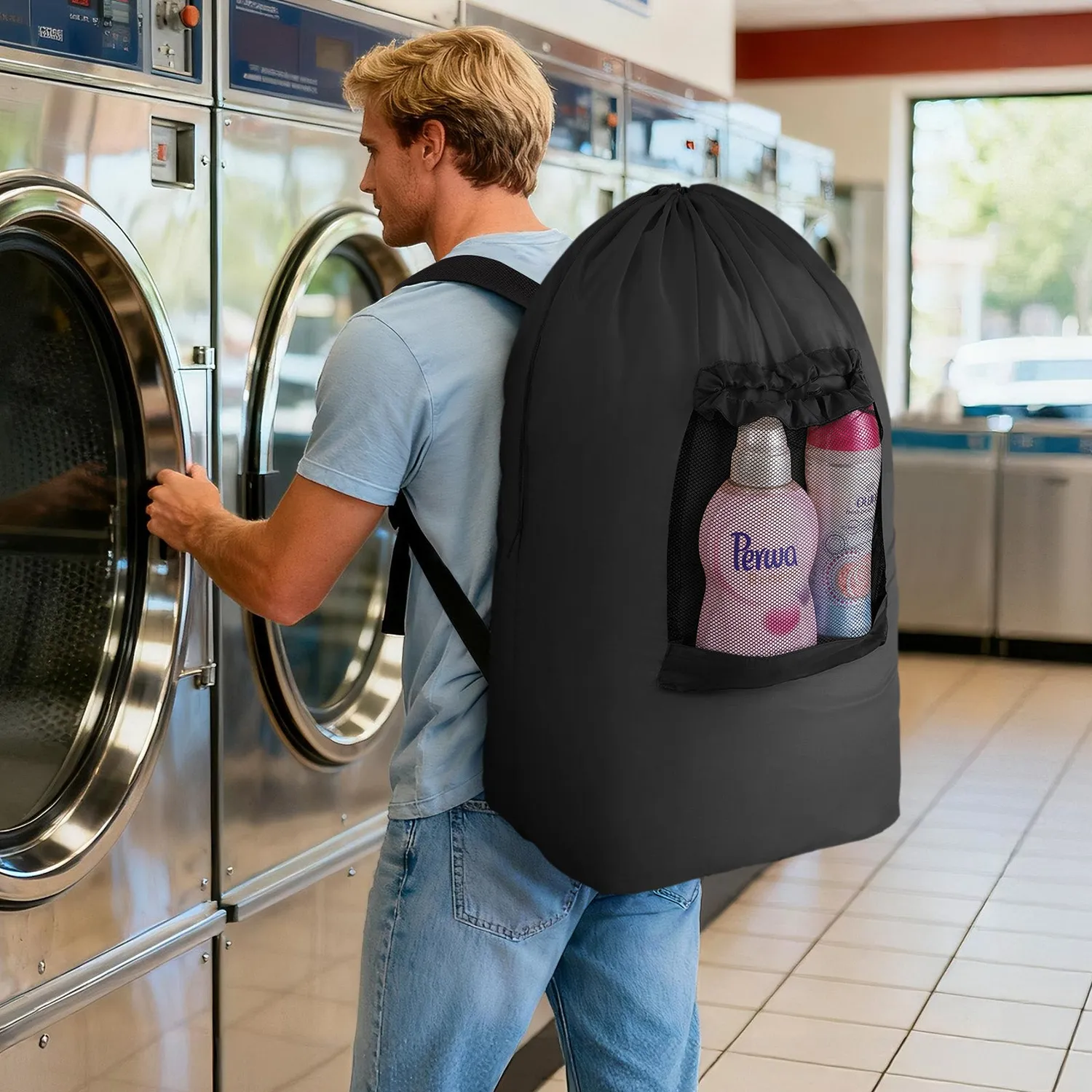 Lifewit Wäschesack 90L Schwarz Rucksack waschbar