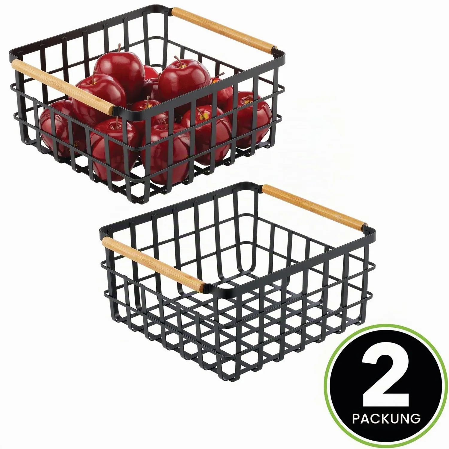 mDesign Drahtkorb 2er-Set mattschwarz mit Bambusgriffen