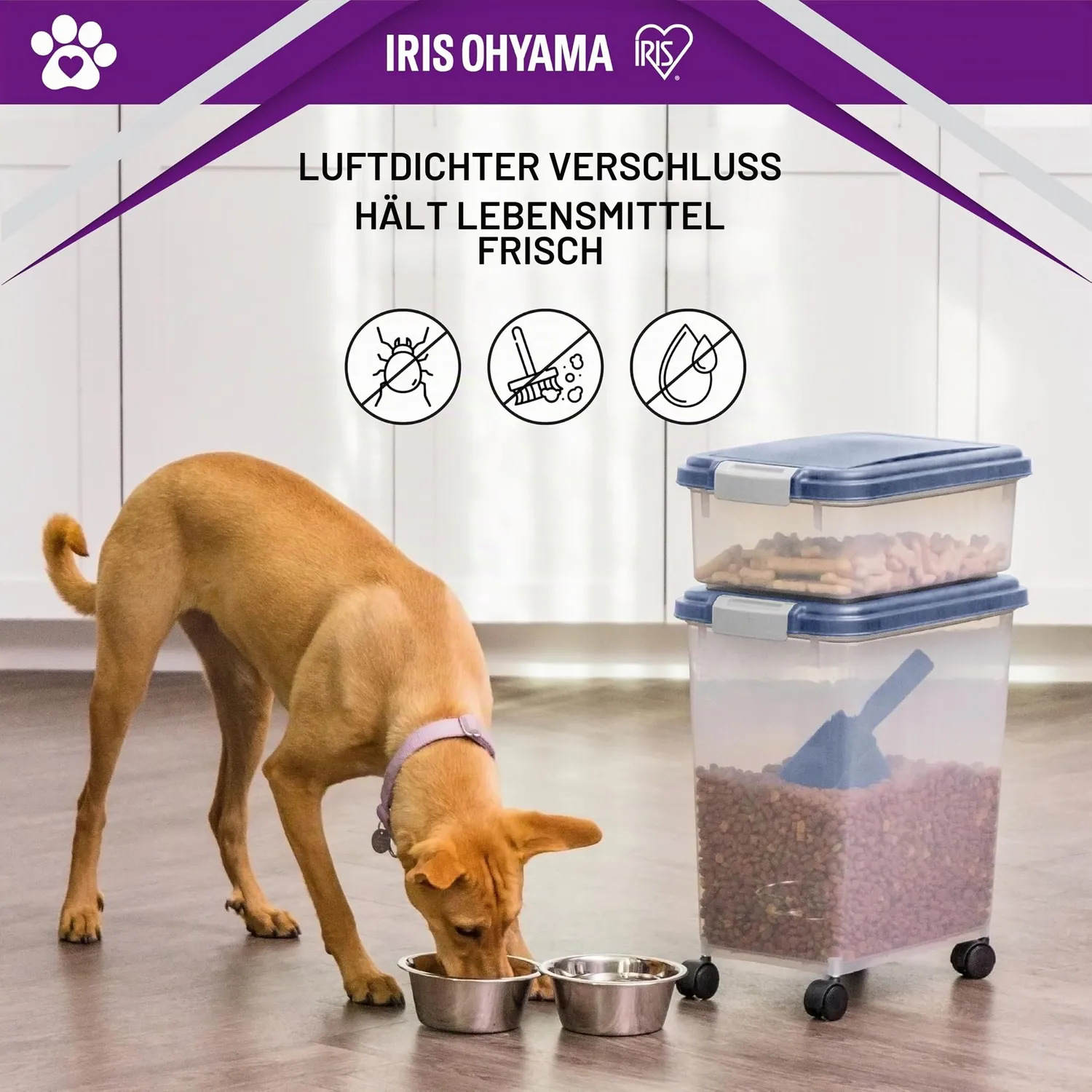 Iris Ohyama Futterbox 30L+10L blau luftdicht mit Rollen
