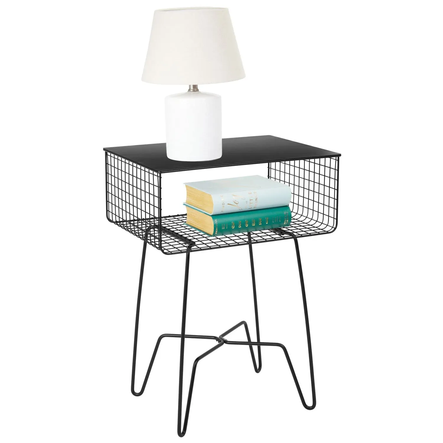 mDesign Beistelltisch Metall schwarz mit Drahtkorb Vintage 57,9cm