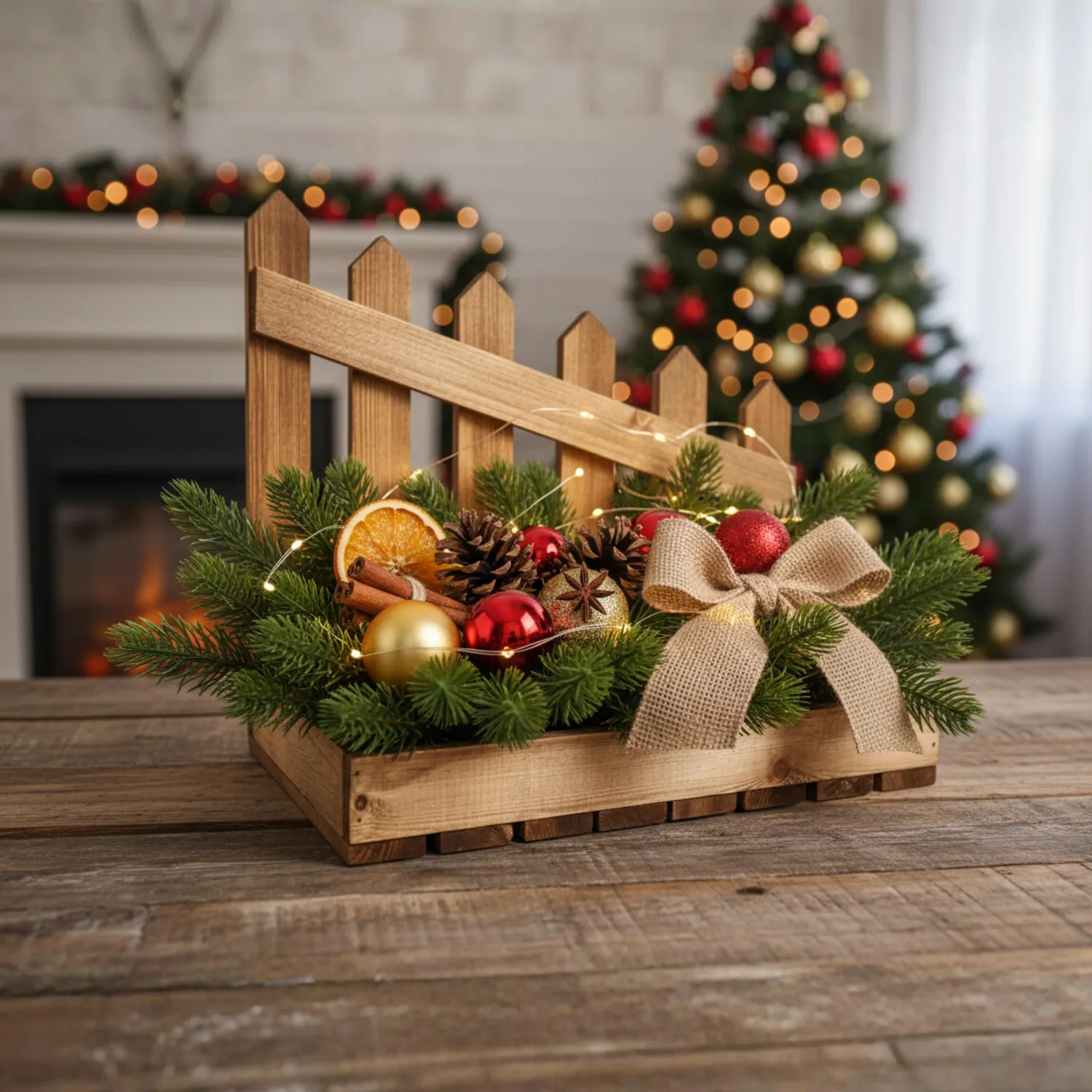 GoodFreshDecor Holzkiste Weihnachten 40x26x35 Kiefer braun mit Zaun
