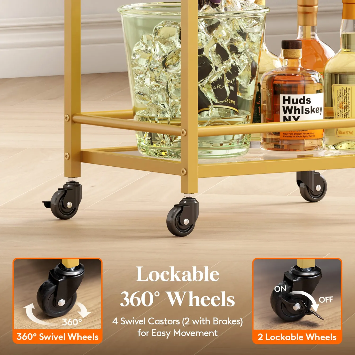 Lifewit Servierwagen Gold Glas 3-stöckig mit Rollen