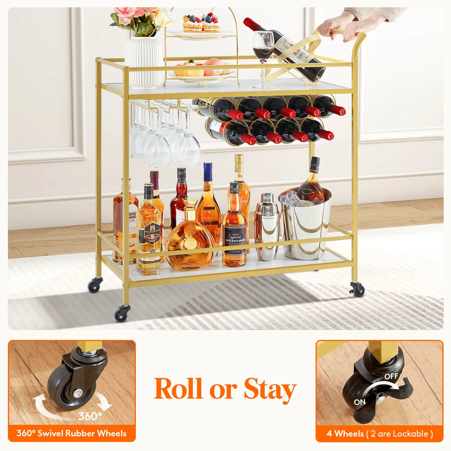 Lifewit Barwagen Gold Marmor Servierwagen 2 Etagen Wein