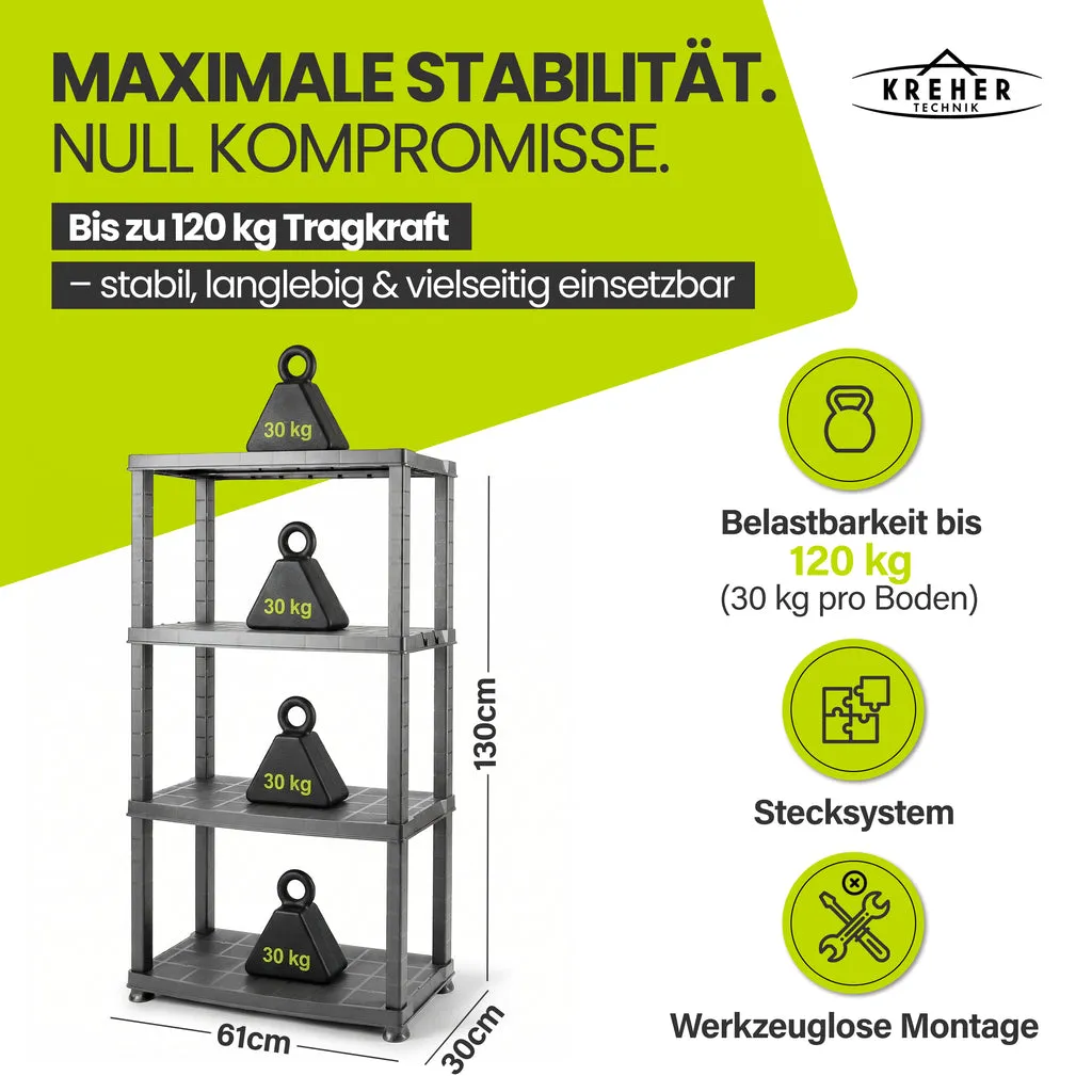 Kreher Neo Kunststoffregal 4 Böden Grau 30kg 2er Set