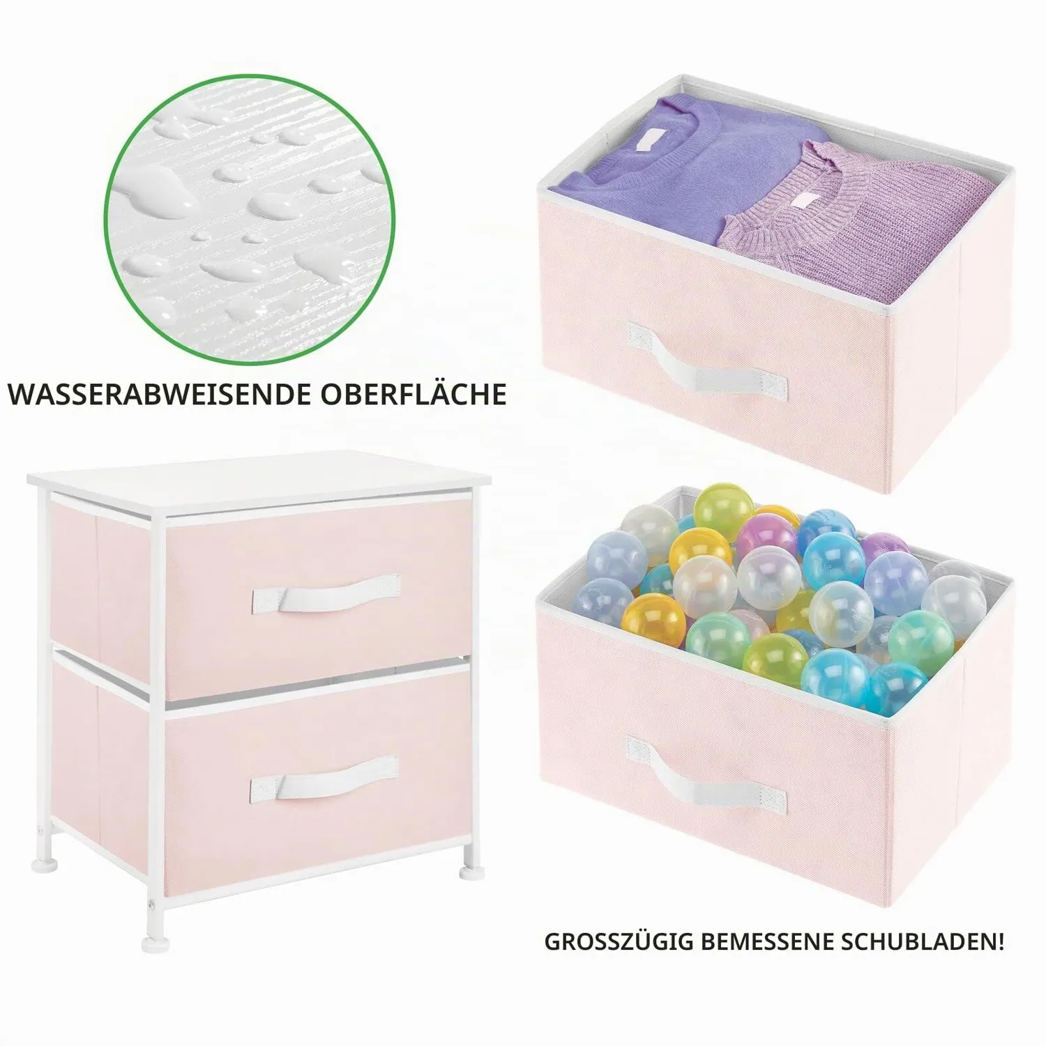 mDesign Nachttisch 2 Schubladen Rosa Weiß Stoff