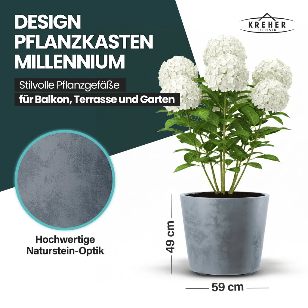 Kreher Millennium Pflanzkübel 80L Rund 2er Grau Wasserspeicher