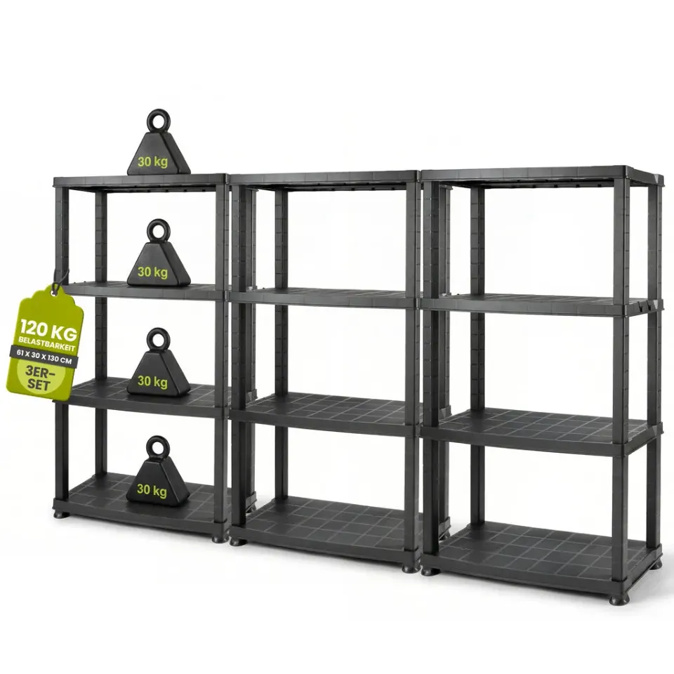 Kreher Neo Kunststoffregal 4 Böden Schwarz 3er Set