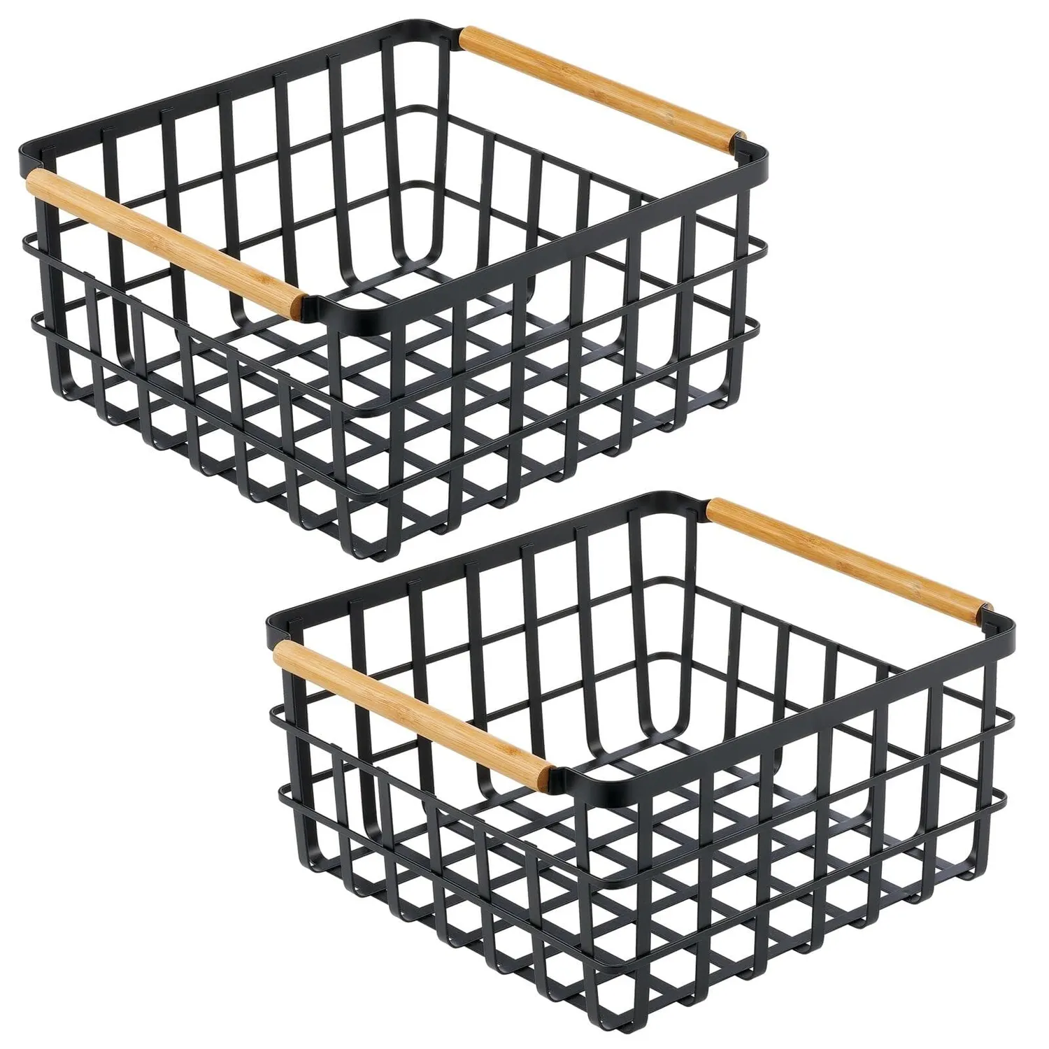 mDesign Drahtkorb 2er-Set mattschwarz mit Bambusgriffen