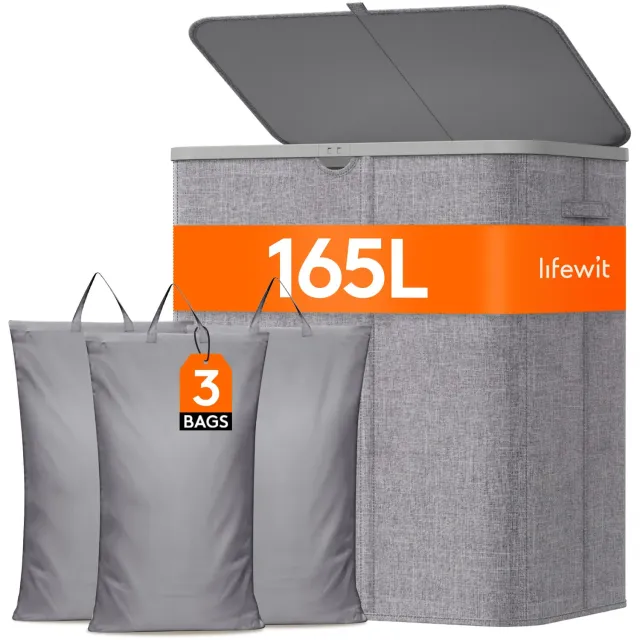 Lifewit Wäschekorb 165L mit Deckel 3 Fächer Hellgrau