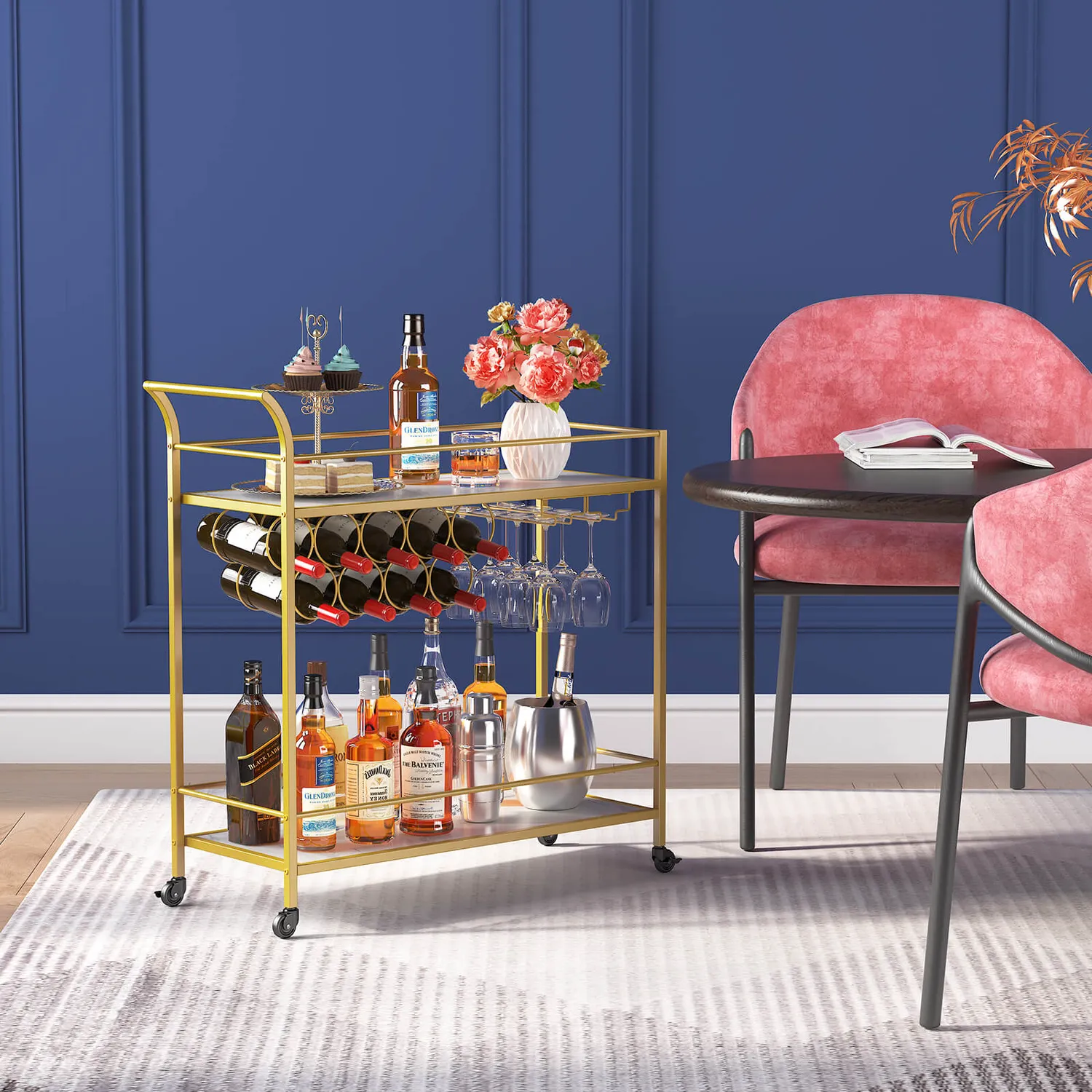 Lifewit Barwagen Gold Marmor Servierwagen 2 Etagen Wein
