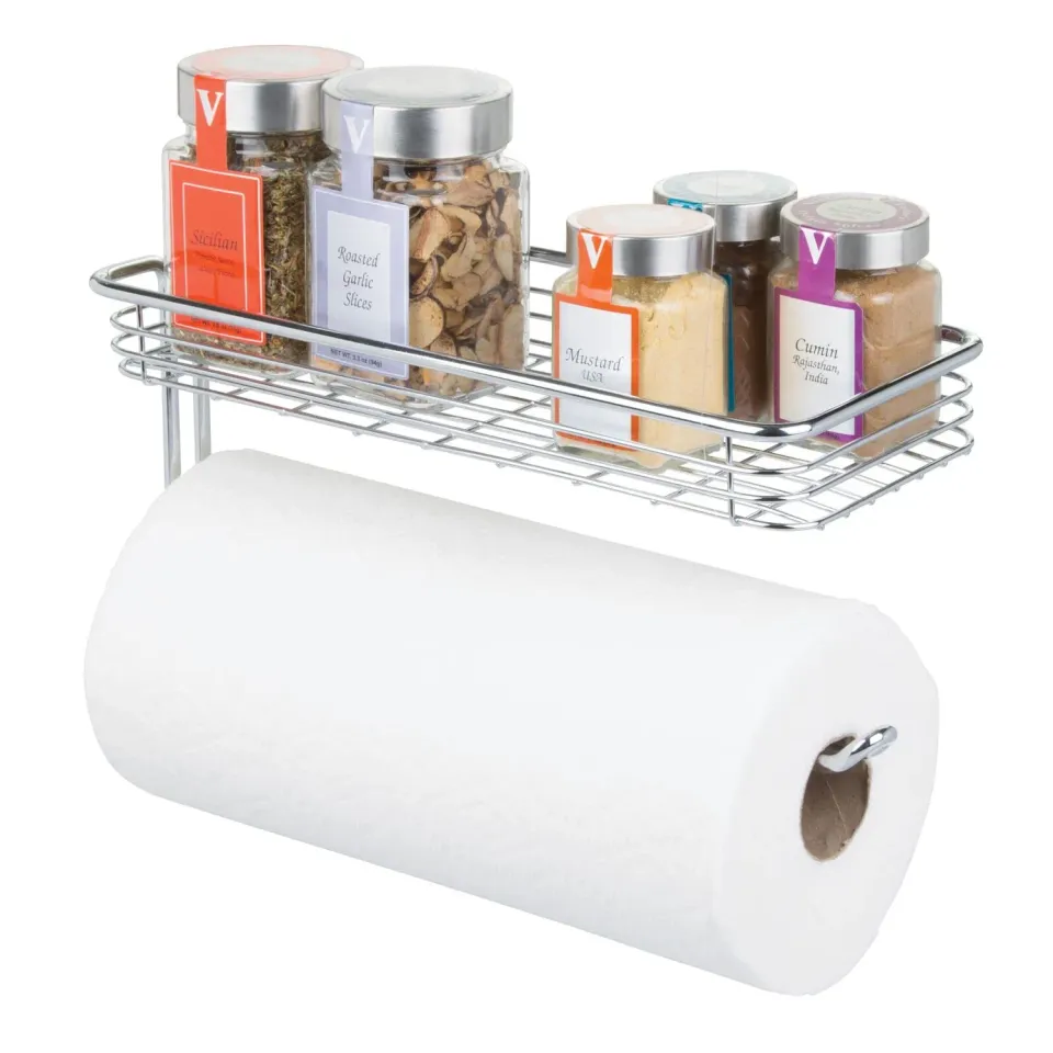mDesign Küchenrollenhalter Wand mit Regal chrom für Jumbo-Rollen