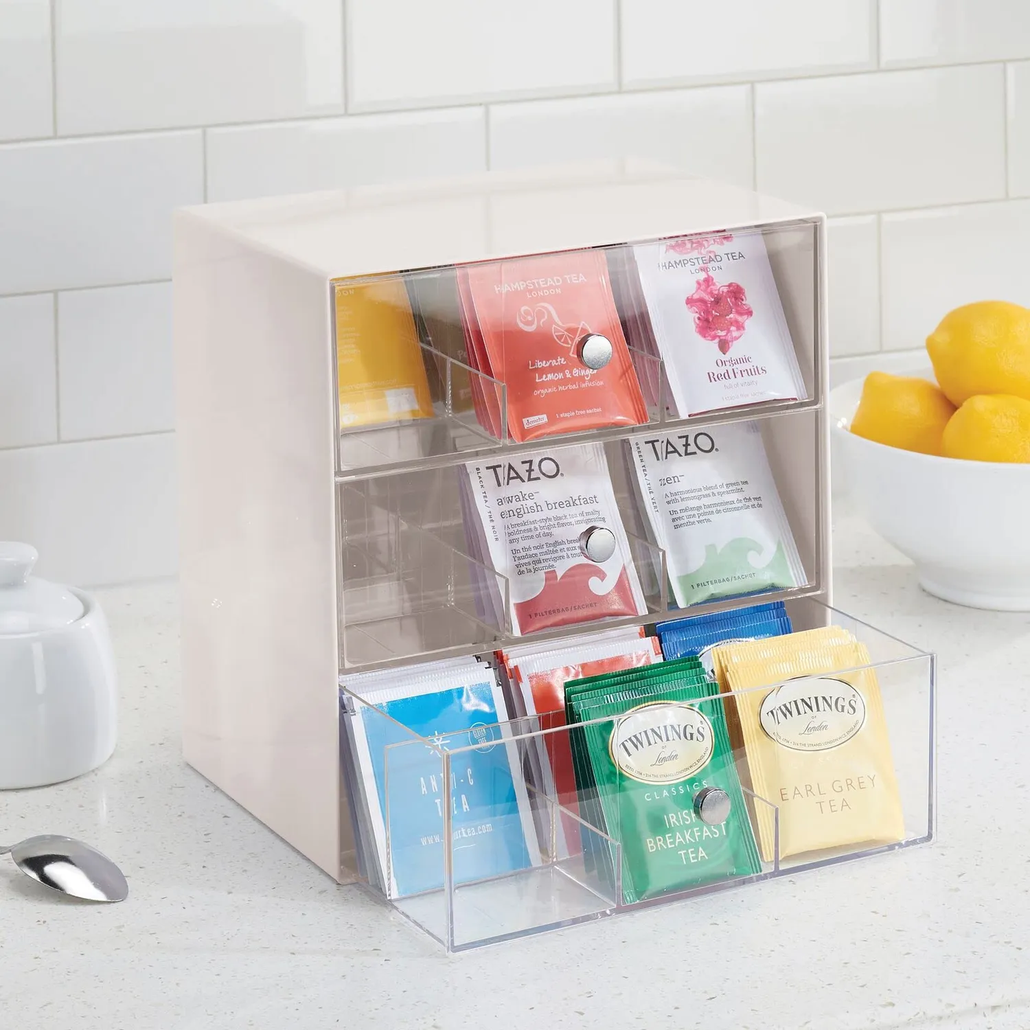 M Design Teebeutelbox 27 Fächer 3 Schubladen 2er-Set creme