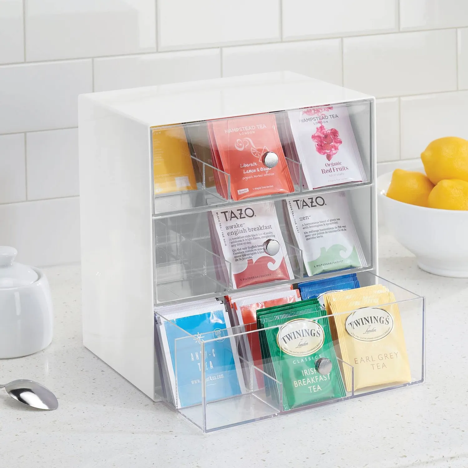 M Design Teebeutelbox 27 Fächer 3 Schubladen 2er-Set weiß