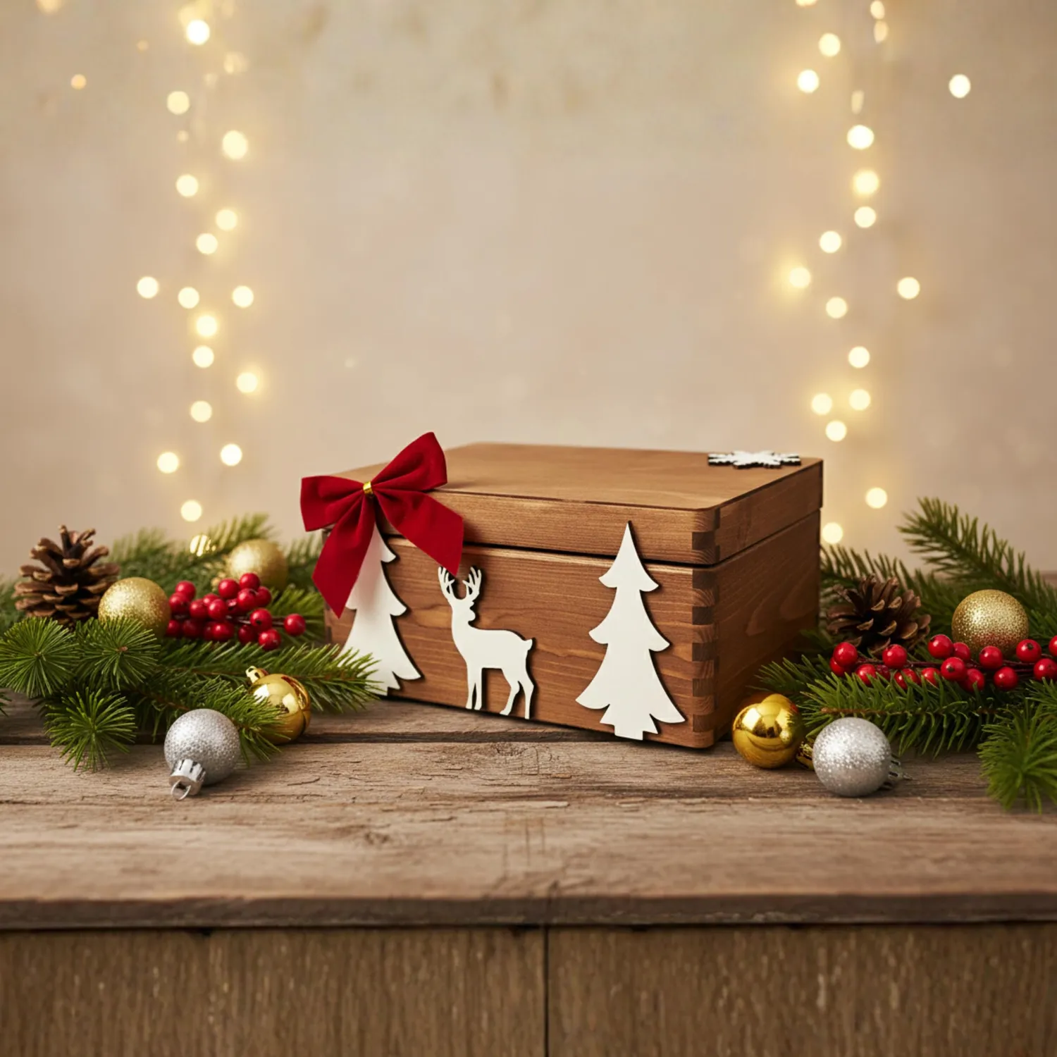 GoodFreshDecor Holzbox Weihnachten 30x20x14 cm Tanne Rentier braun