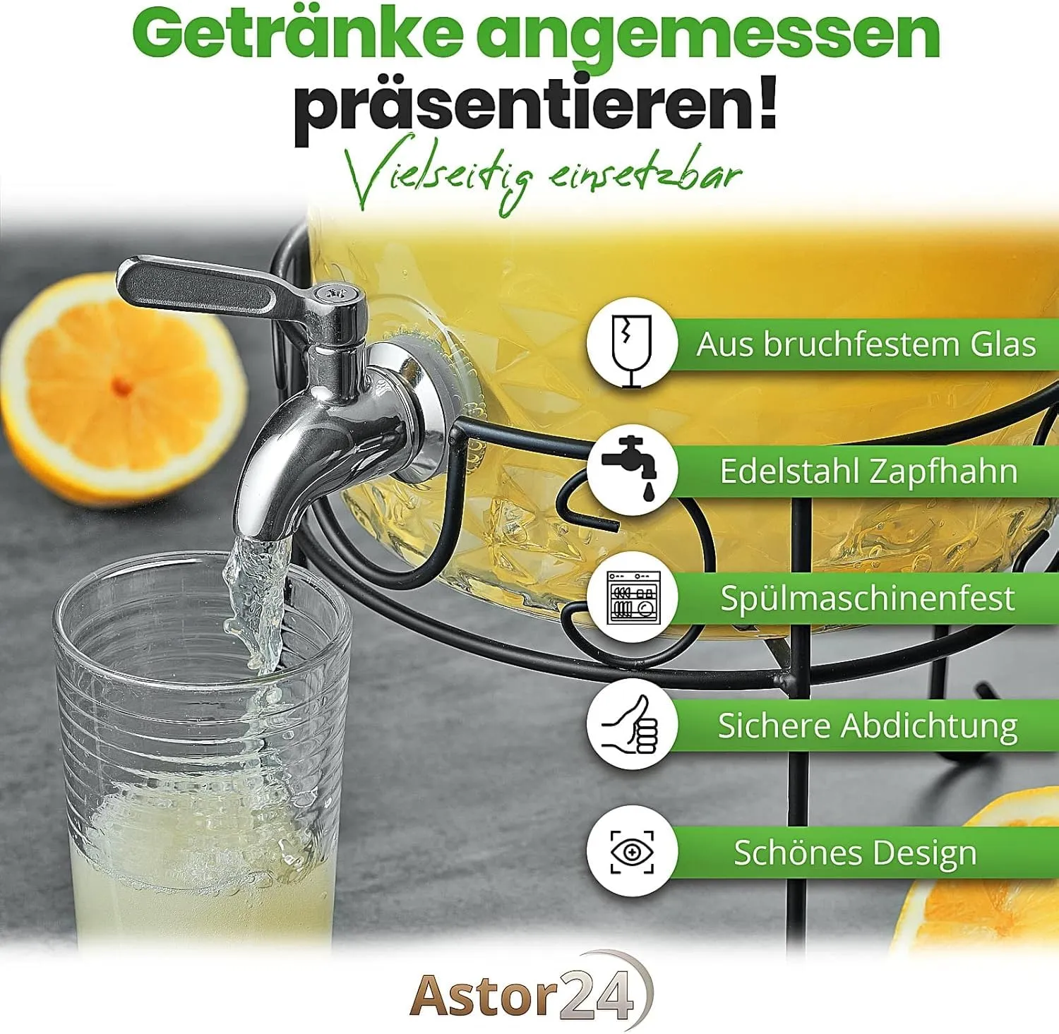 astor24 Getränkespender Glas 8 Liter Edelstahl-Zapfhahn mit Ständer