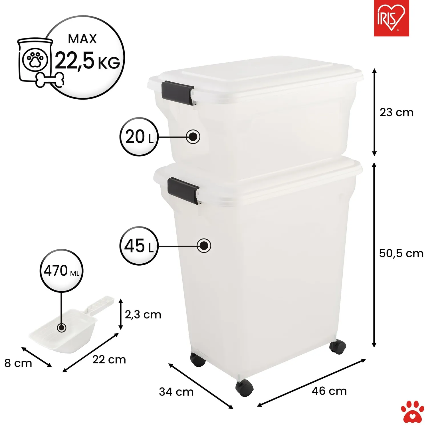 Iris Ohyama ATS-C Futterbox Weiß 45L+20L luftdicht mit Rollen