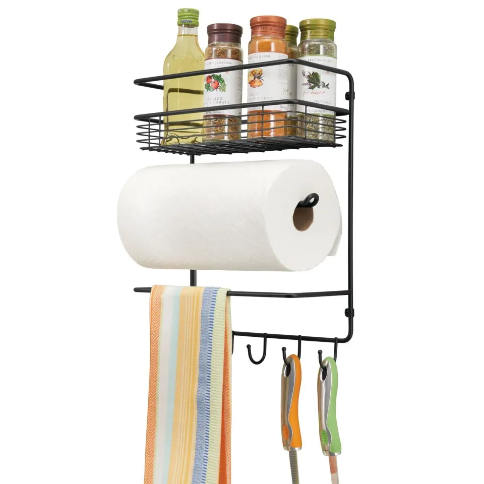 mDesign Papierrollenhalter Wandregal Korb 4 Haken Schwarz