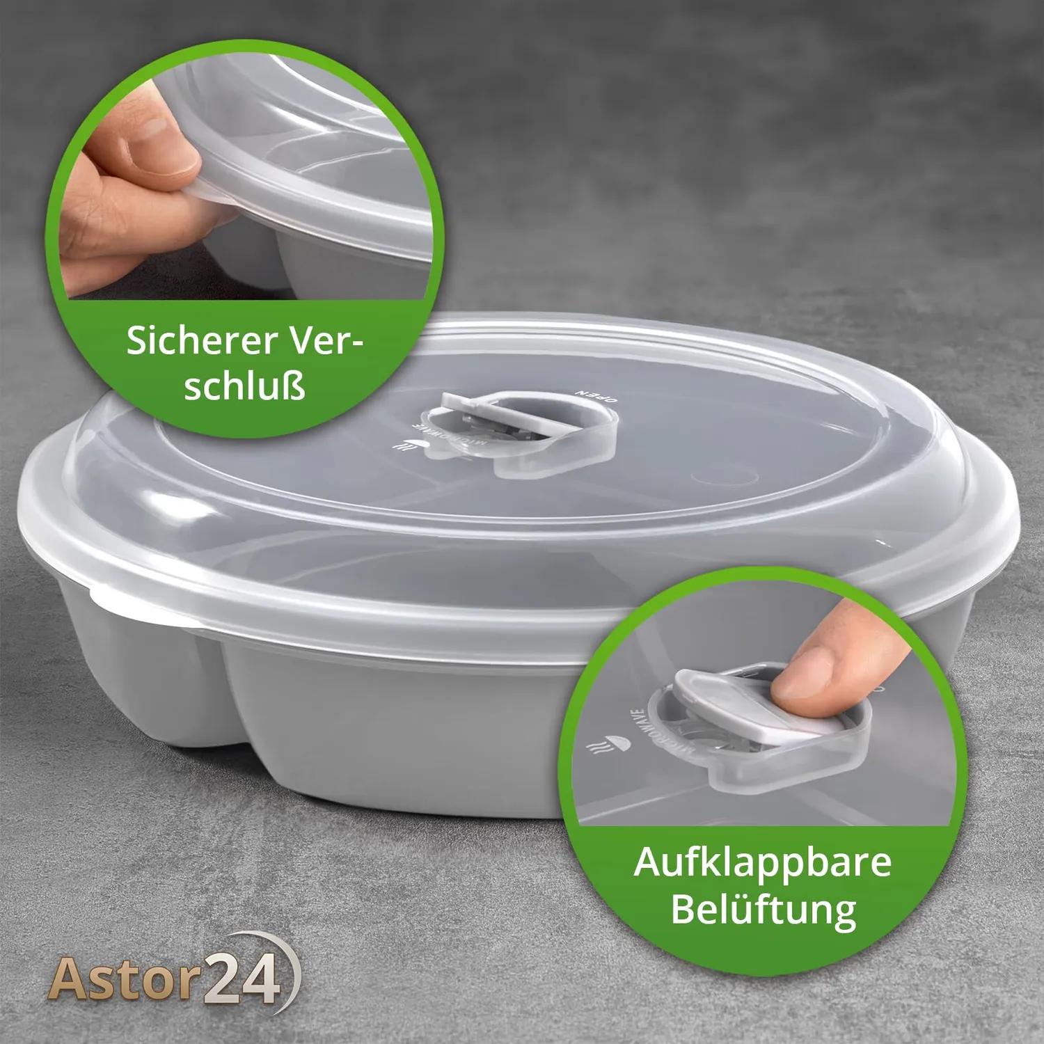 astor24 Mikrowellenteller 2er-Set 21cm 3-Fächer mit Deckel