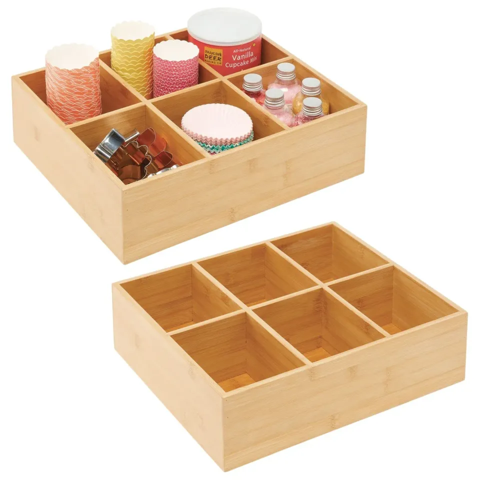 mDesign Teebox Bambus 6 Fächer 2er-Set natur 35,6 cm Holzkiste