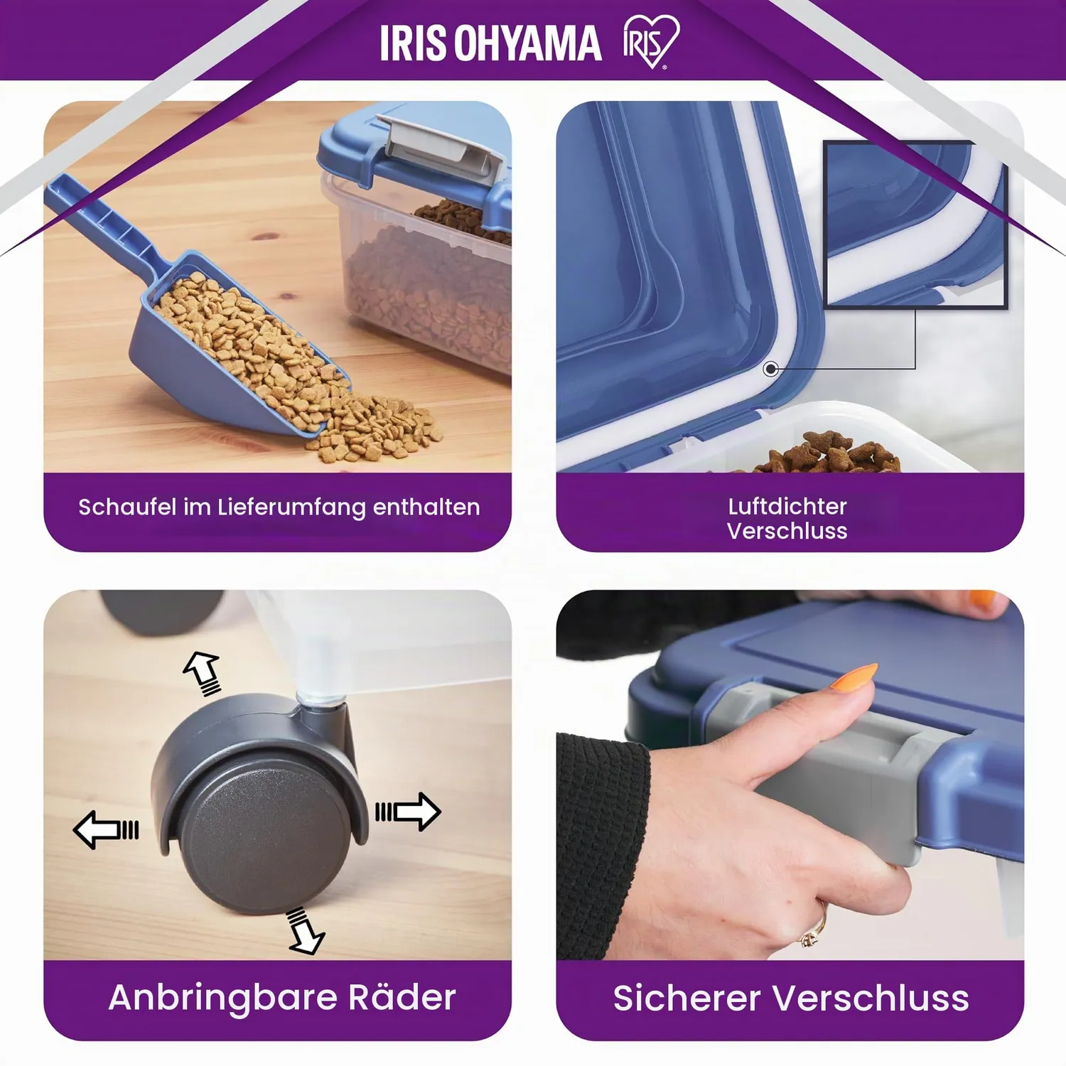 Iris Ohyama Futterbox 30L+10L blau luftdicht mit Rollen