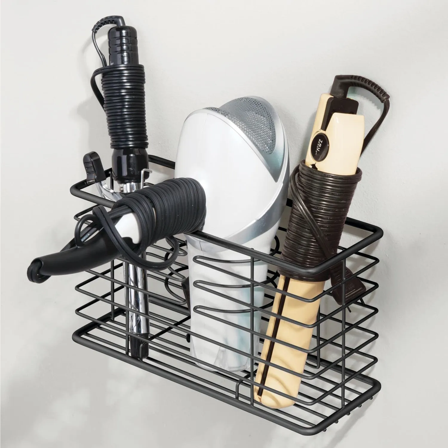 mDesign Fönhalter Metall Wand-Organizer 3 Fächer schwarz