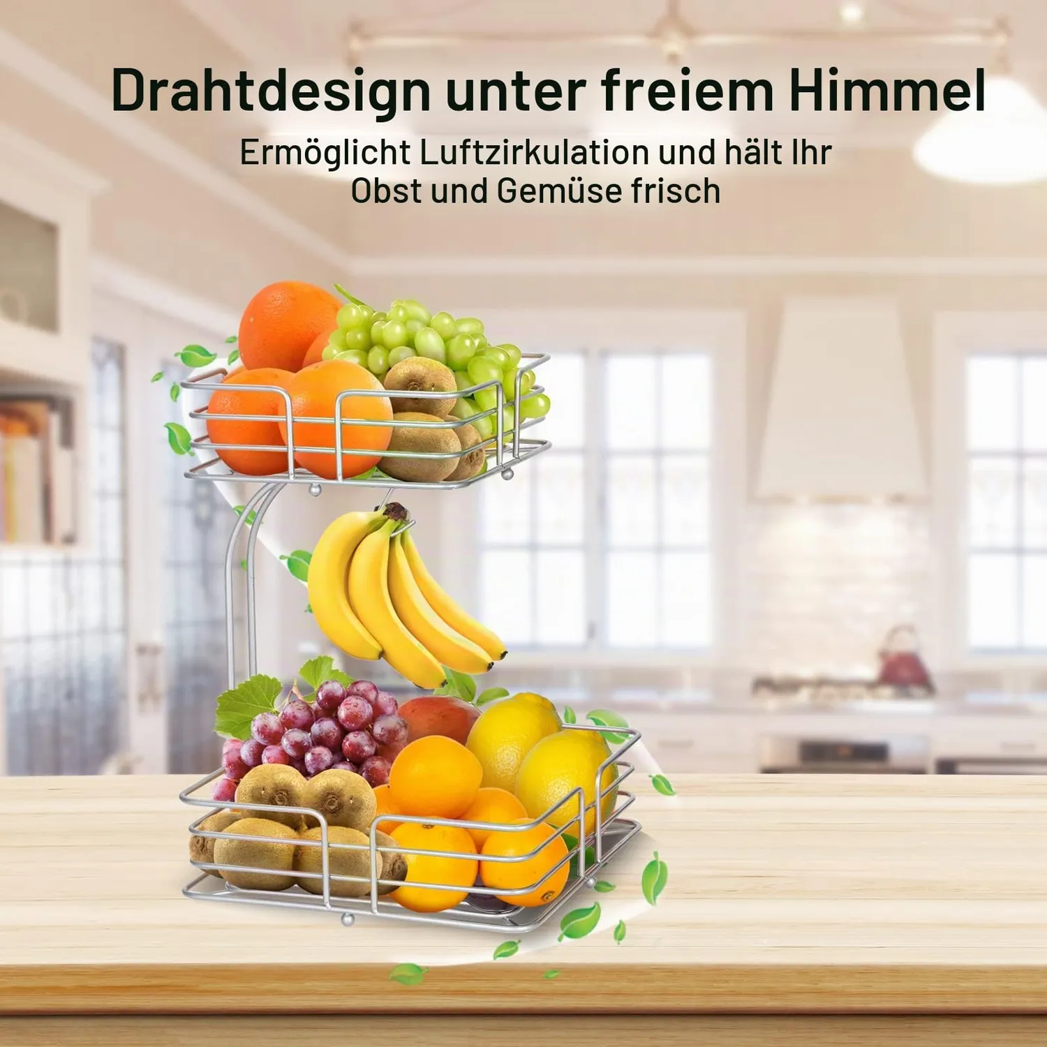 BOMCLAP Obstkorb 2 Etagen Metall Obstschale mit Bananenhalter silber