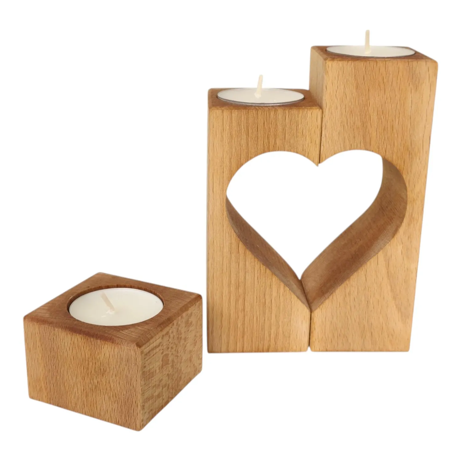 GoodFreshDecor Kerzenständer Buche 3er-Set natur geölt Herz