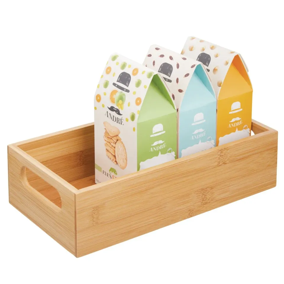 mDesign Bambus Aufbewahrungsbox mit Griff bambusfarben offen