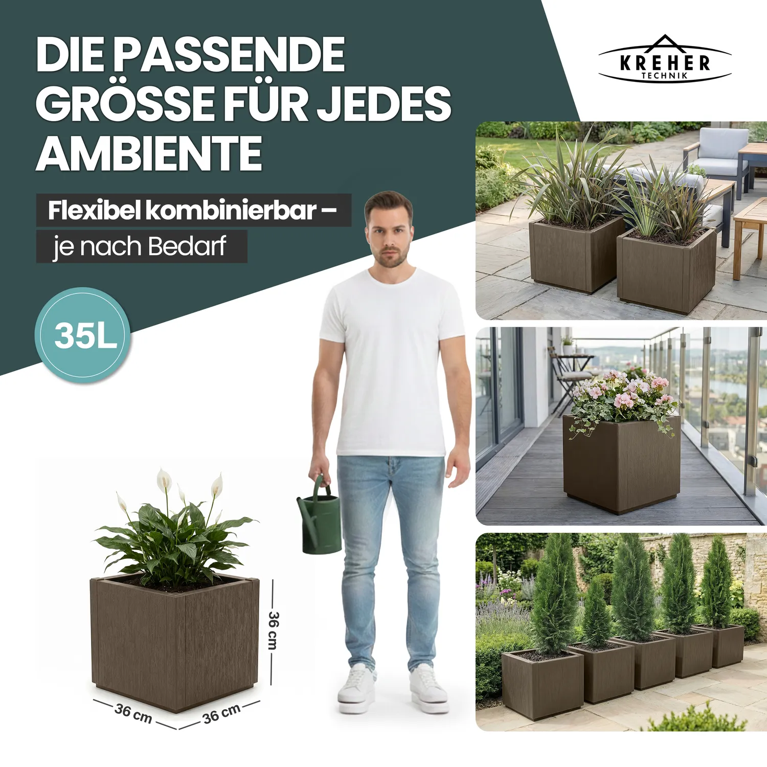 Kreher Ethica Pflanzkasten 35L schmal 2er-Set taupe
