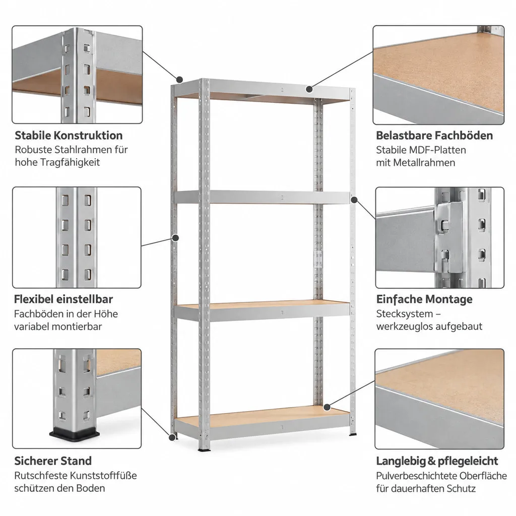 Kreher XL Metallregal 75x30x150 4 Böden MDF