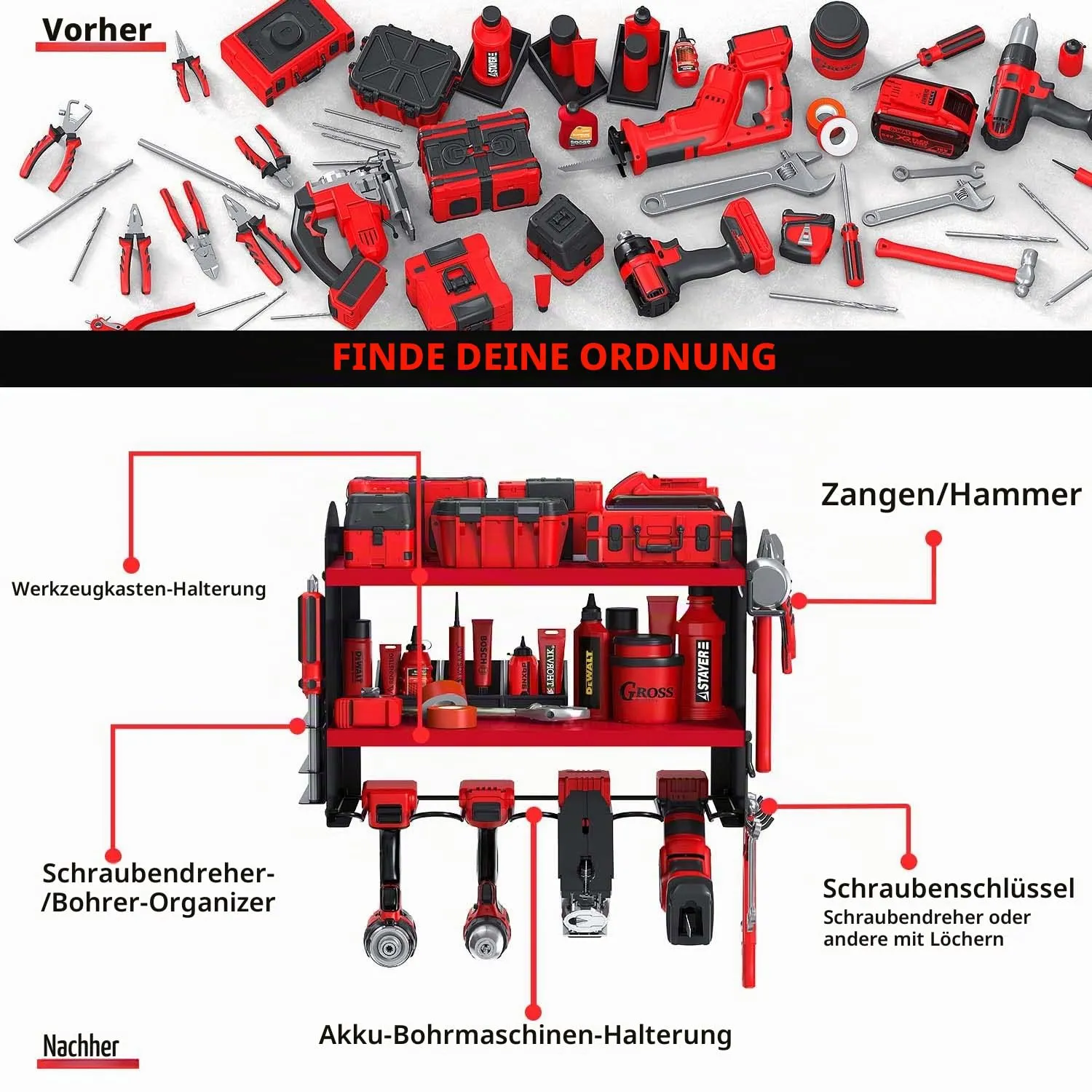 BOMCLAP Werkzeugregal Wandmontage rot 4 Fächer Stahl