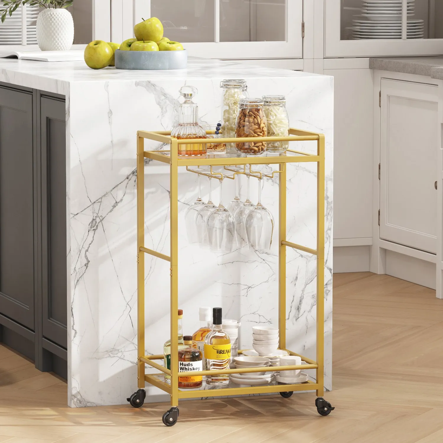 Lifewit Servierwagen Gold 2 Etagen Glas 43x30cm