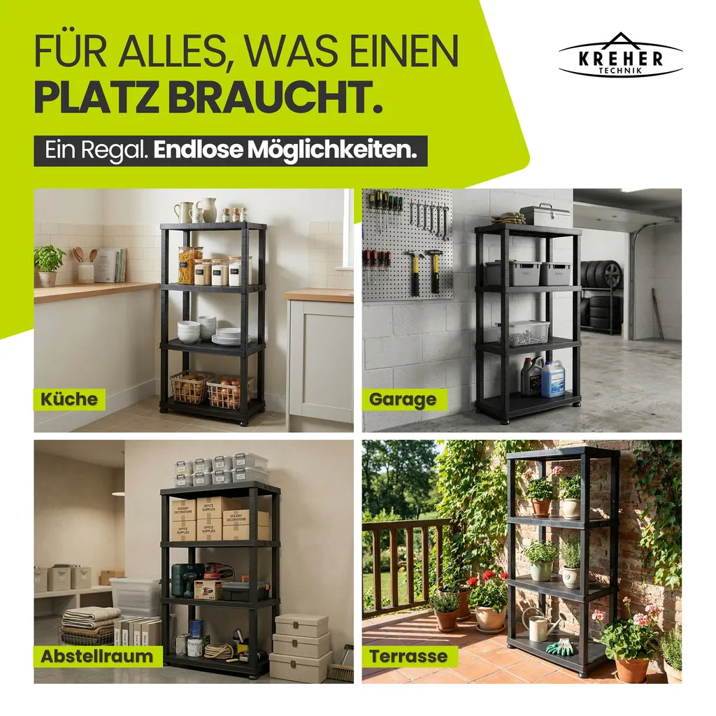 Kreher Neo Kunststoffregal 4 Böden Schwarz 3er Set