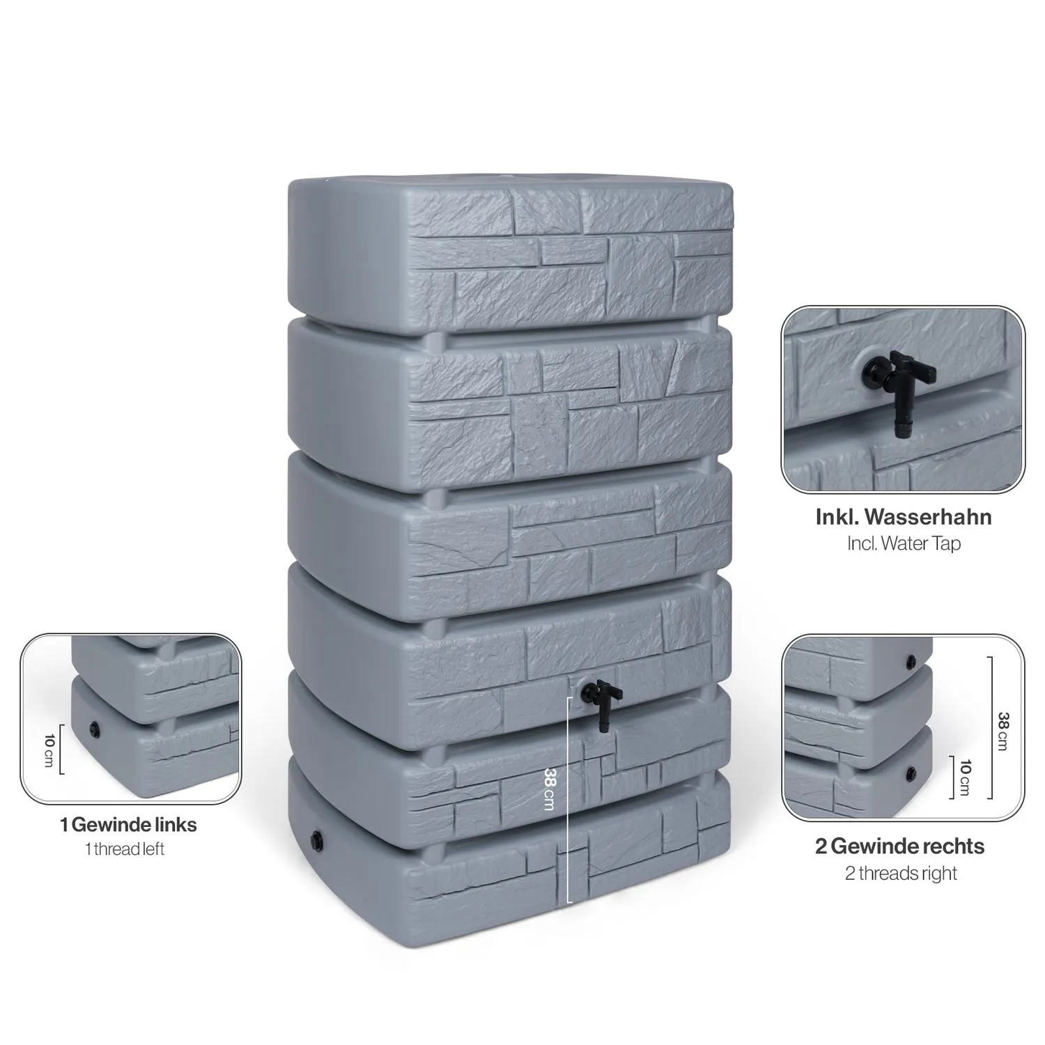 Kreher Tower Stone Wassertank 500 Liter Grau mit Hahn Steinoptik